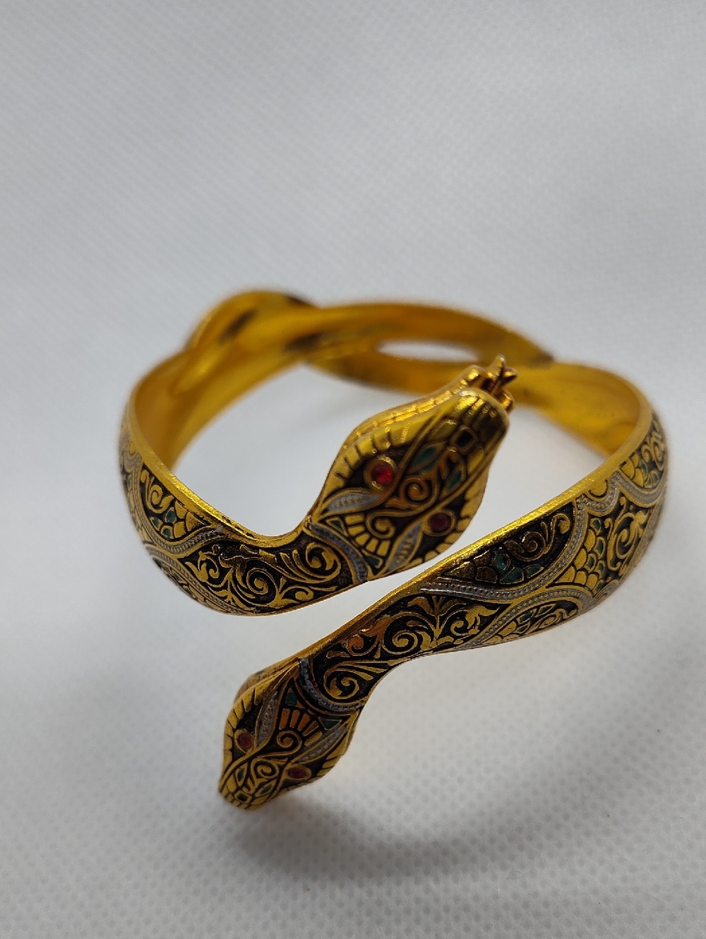 Vintage Damascene Snake Wrap Bracelet with Red Accent Stones
